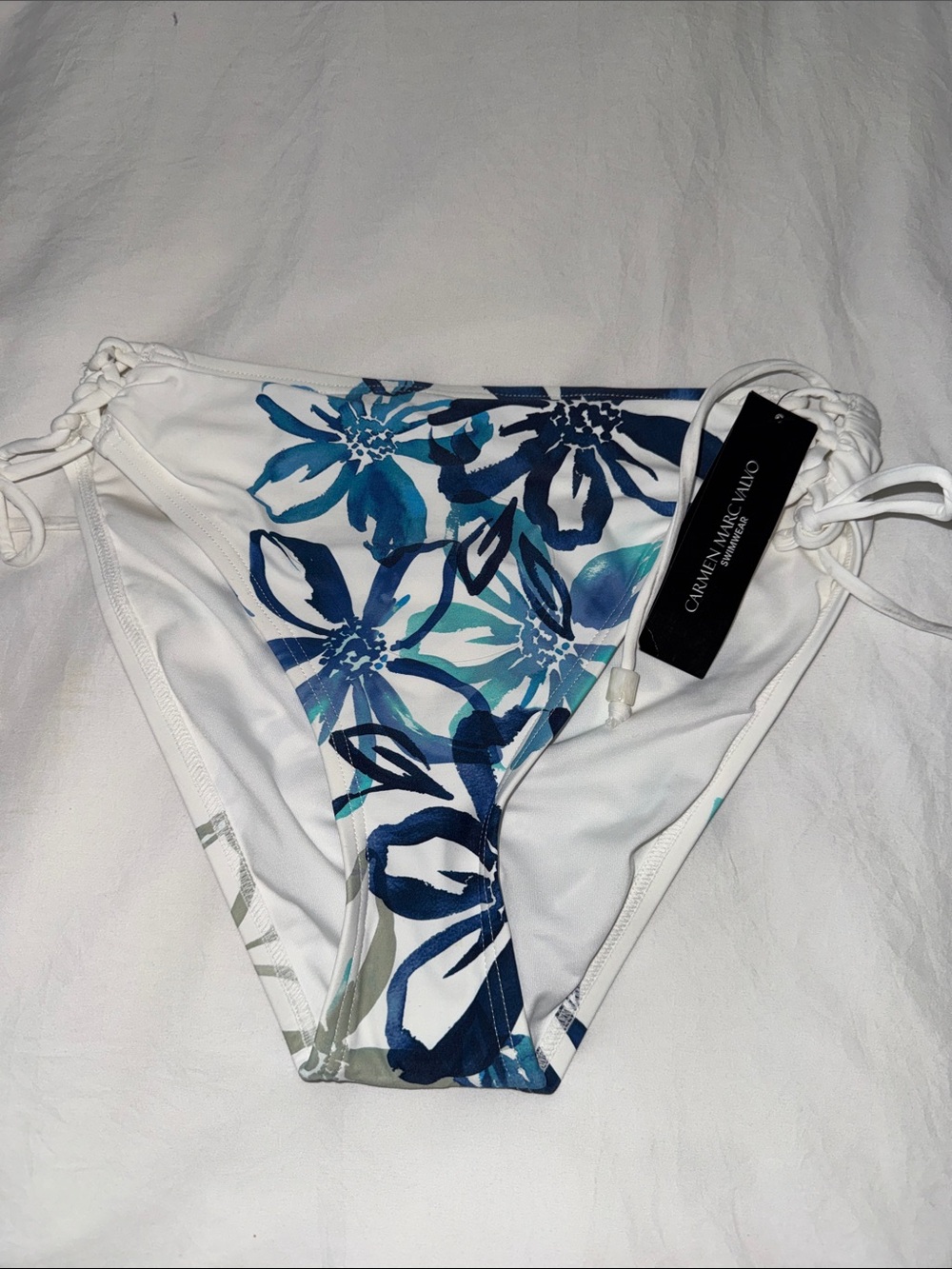 Carmen Marc Valvo White Bikini Bottom with Blue Floral Print